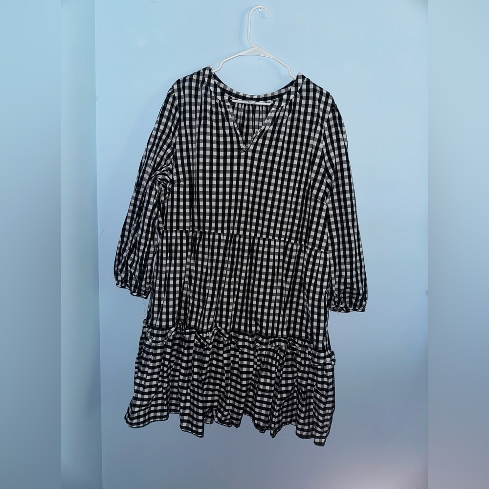 J Crew Factory Cotton poplin tiered ruffle mini dress black & white size 3x plus - Picture 2 of 9